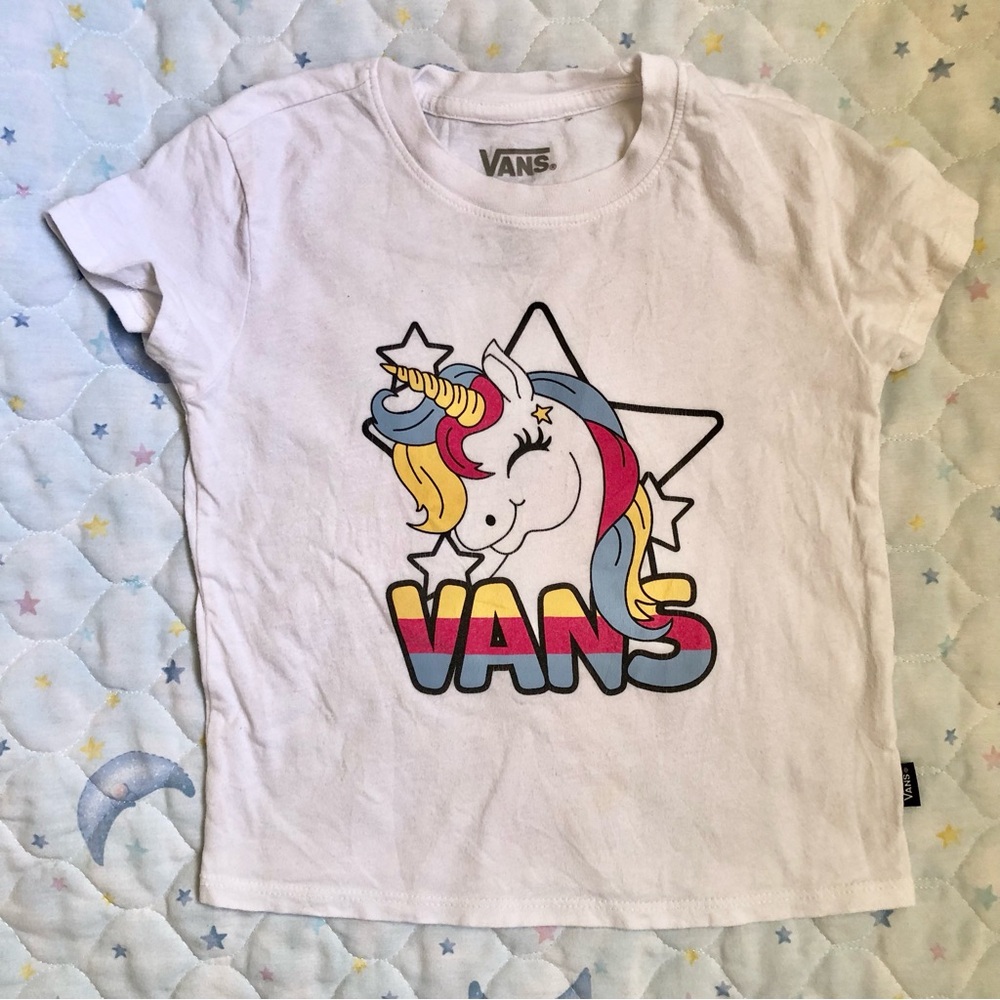Vans White Short Sleeve Tee with Colorful Unicorn Graphic